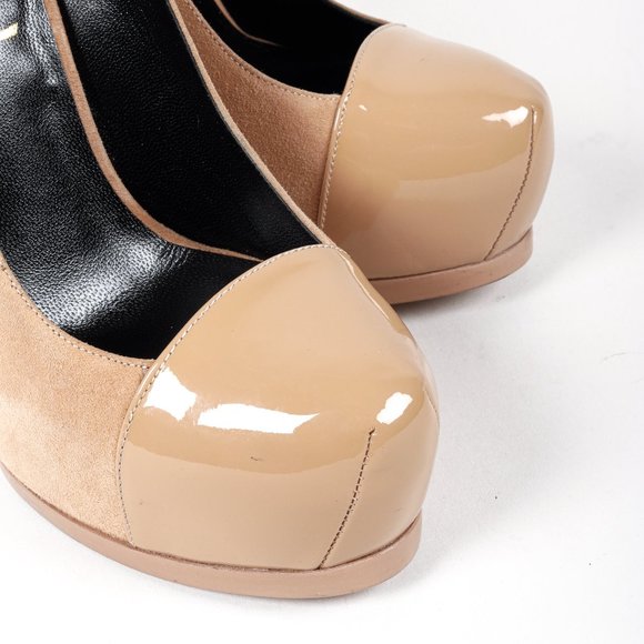 Saint Laurent Beige Suede Patent Leather Tribtoo Platform Pumps - Picture 6 of 11